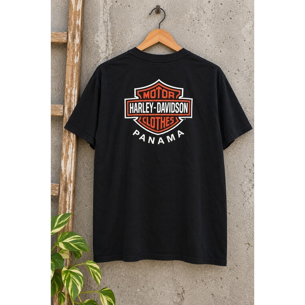 Harley Davidson Panama Black Motorcycle Graphic T Shirt Sz L Double Sided Biker